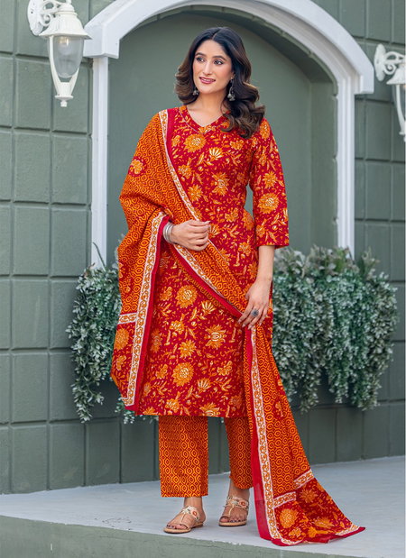 Maroon Colour Cotton Blend With Print Kurti With Pant Dupatta Suppliers In India Aaradhna 2029